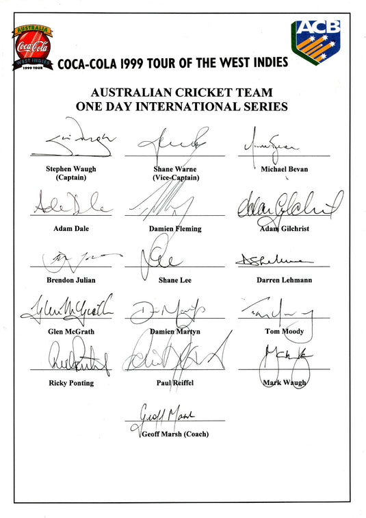 Australian Cricket Team 1999 Personally Signed Team sheet - Waughs, Warne, Gilchrist