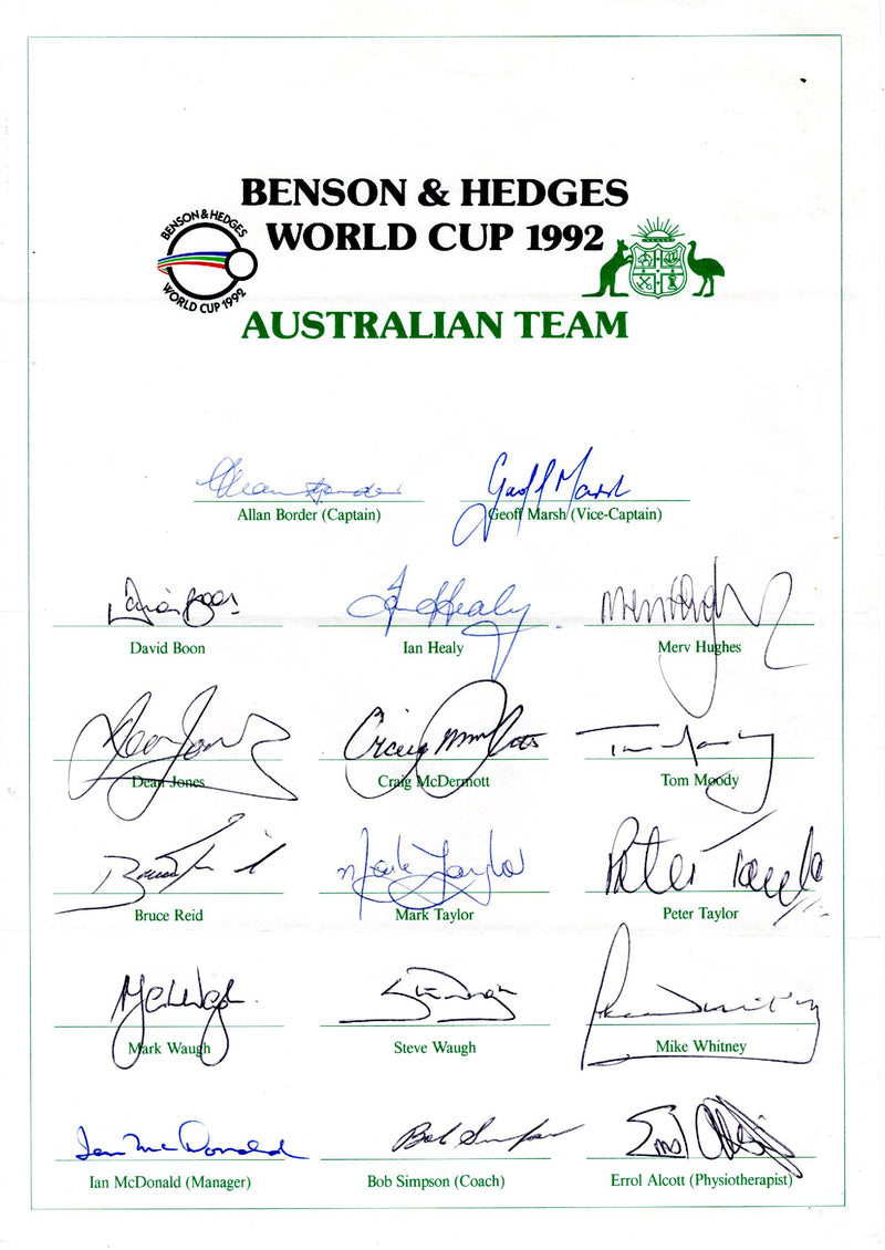 Load image into Gallery viewer, SPECIAL - Australian Cricket Team - Personally Signed 1992 World Cup Team Sheet
