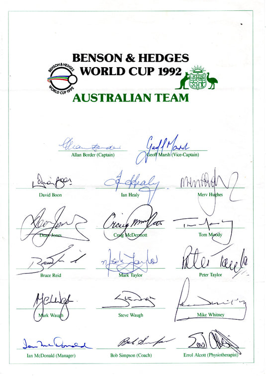Australian Cricket Team - Personally Signed 1992 World Cup Team Sheet