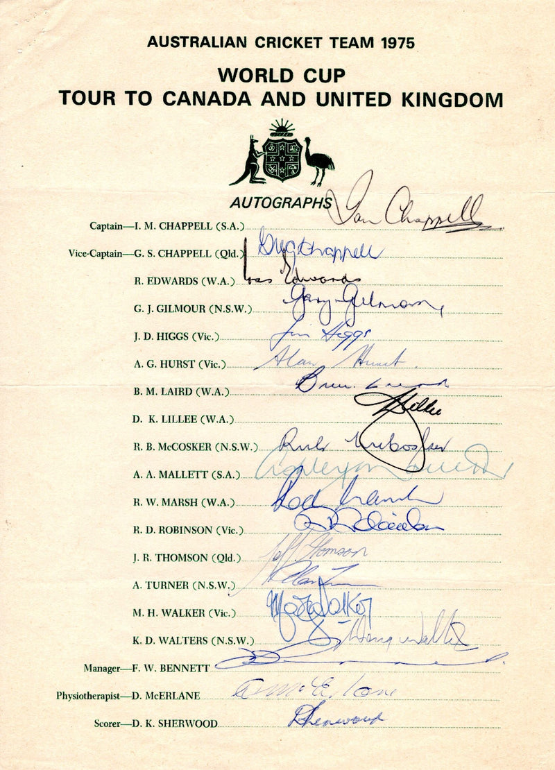 Load image into Gallery viewer, Australia Cricket Team 1975 World Cup &amp; Ashes Personally Signed Teamsheet
