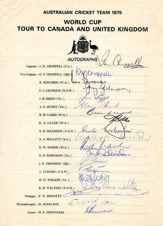 Australia Cricket Team 1975 World Cup & Ashes Personally Signed Teamsheet