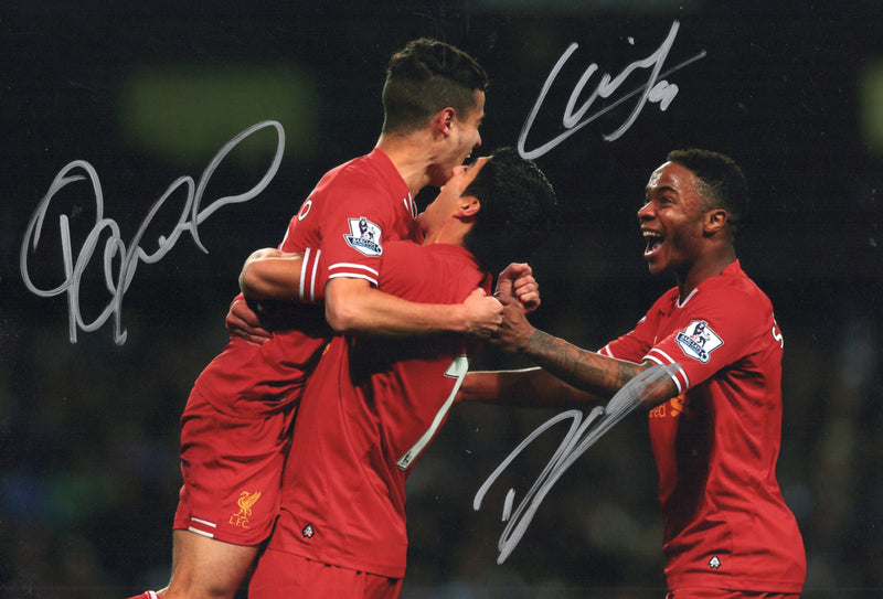 Load image into Gallery viewer, Liverpool FC - Luis Suarez, Raheem Sterling &amp; Philippe Coutinho signed Celebration Photo
