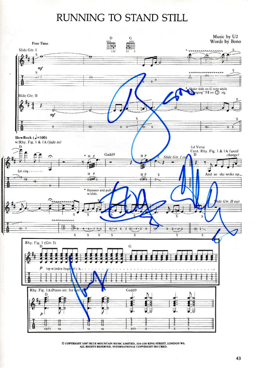 U2 Personally Signed "Running to Stand Still" Song page