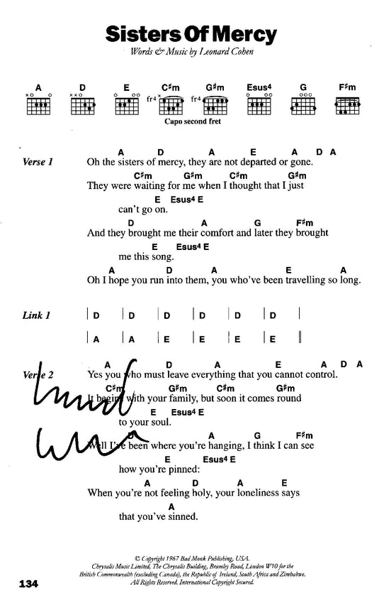 Leonard Cohen Personally Signed "Sisters of Mercy" Song page